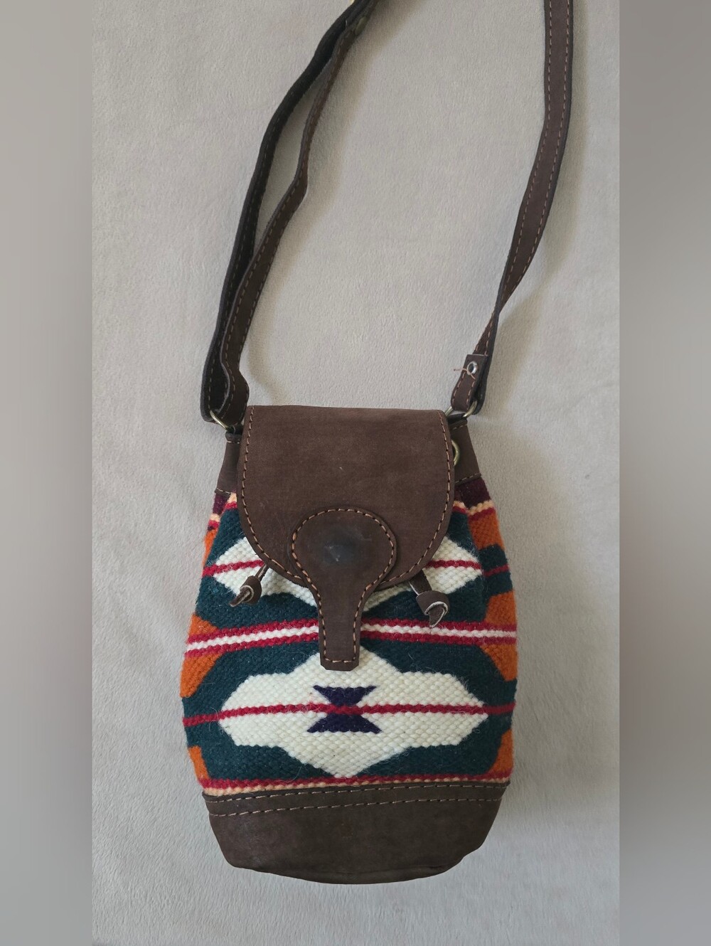 Handwoven Southwestern Crossbody Bag with Brown Leather Trim